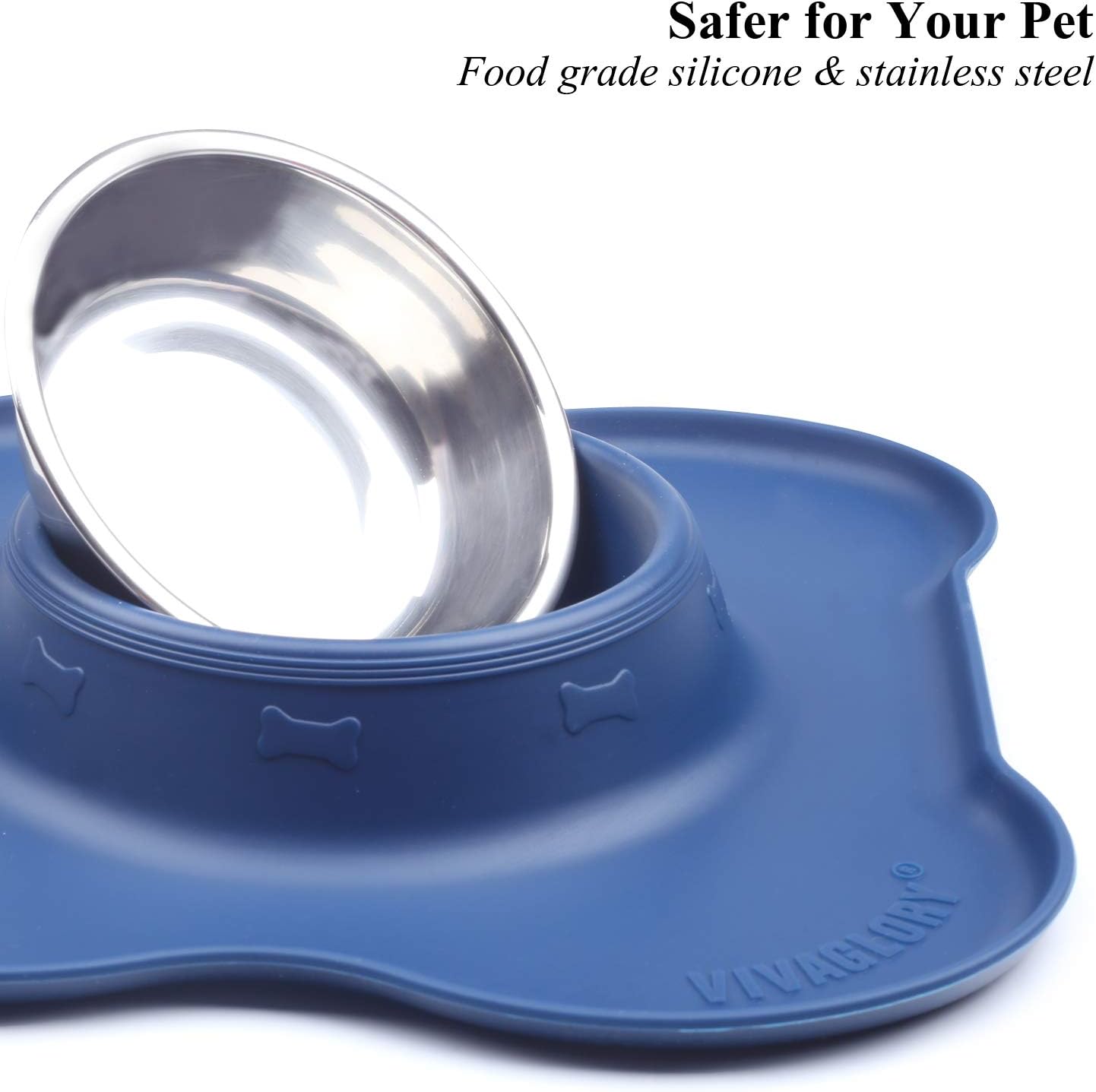 VIVAGLORY Small Dog Bowls Set, 2 Pack Puppy Bowls with Non Spill Silicone Mat and Food Grade Stainless Steel Water and Food Feeding Bowl for Kitty Puppy Cat Dog, Navy Blue