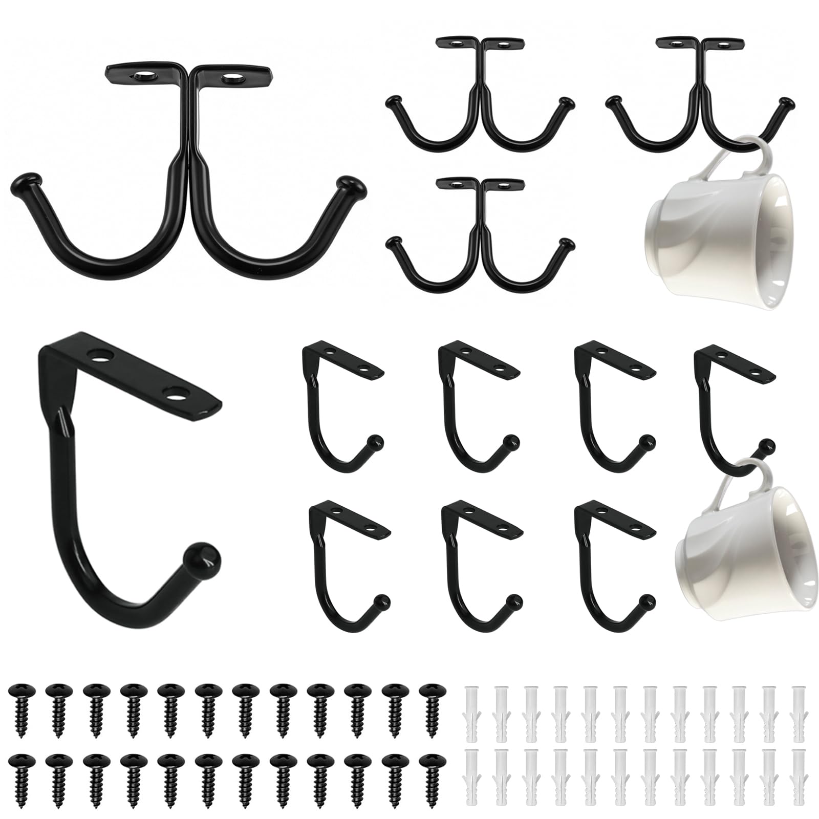 12 Stück Tassenhalter Schrank, Tassenständer Tassenregal Schwarz Tassen Regal Tassen Organizer mit Schrauben Kaffeetasse Tassenaufhängung Küche für Becher Utensilien Mantel Hut Krawatte Pflanzer