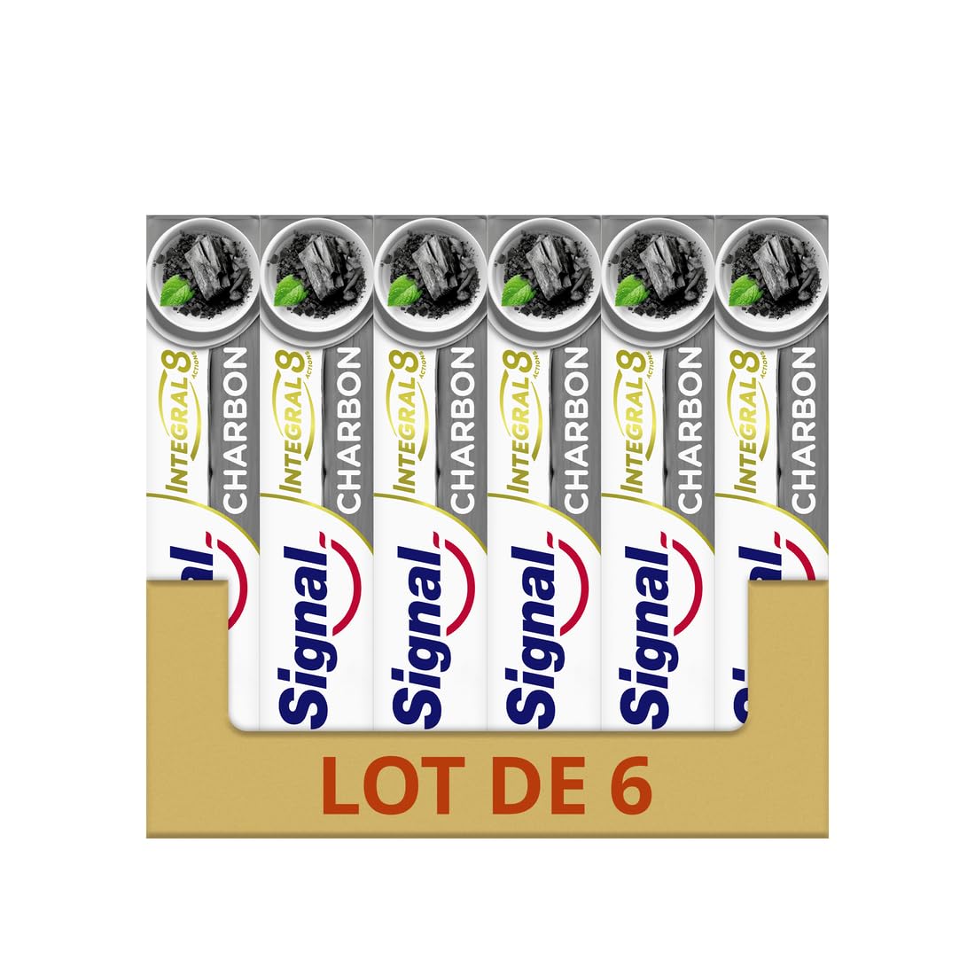 SIGNAL - Zahnpasta Integral 8 Nature Elements Kohle – weißere Zähne und ein gereinigter Mund – Mineralzink – 96% Inhaltsstoffe natürlichen Ursprungs (6 x 75 ml)