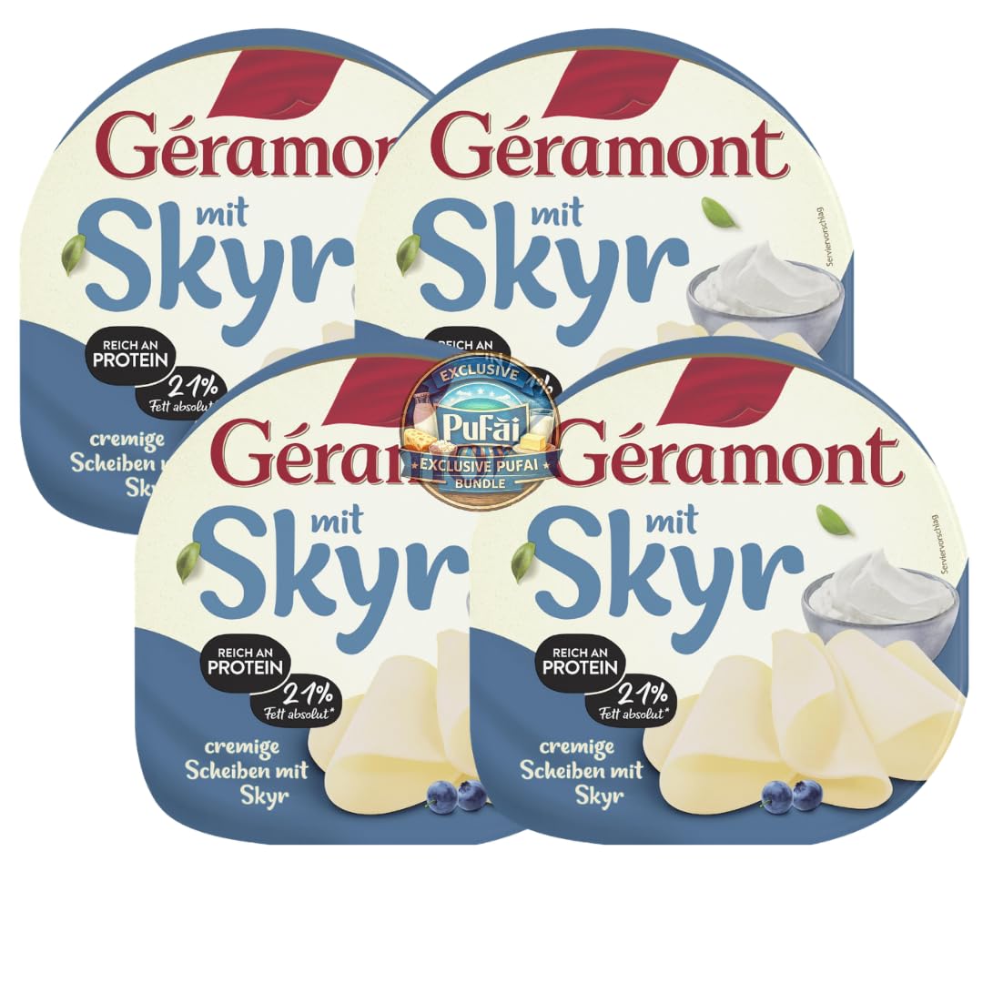 PUFAI Bundle – Géramont Weichkäse Scheiben mit Skyr 150 g x 4 | Schnittfertiger Weichkäse | Kühlpflichtiges Milchprodukt