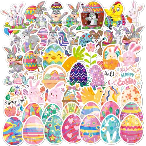 50PCS Easter Stickers for Kids, 2025 New Holographic Shiny Eggs, Bunnies, and Rabbits, Waterproof Vinyl Stickers for Water Bottles, Laptops, Skateboards, Easter Party Decorations