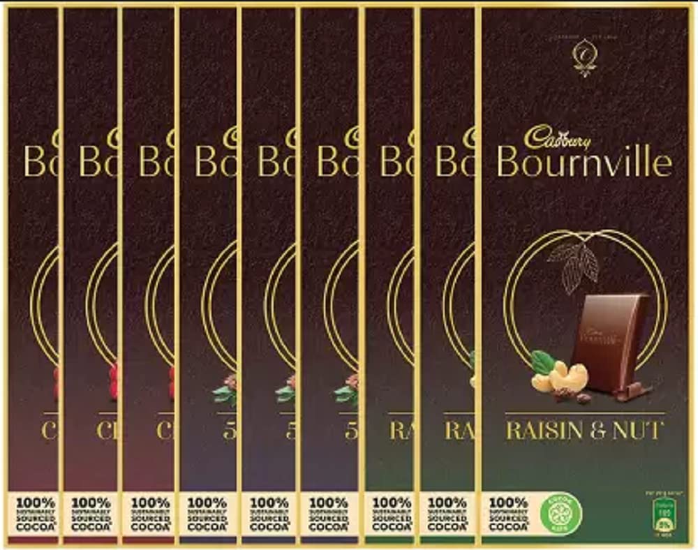 Cadbury Bournville 80 grams 50% Dark (3 Units) + Bournville Cranberry 80 grams (3 Units) + Bournville Raisin & Nut 80 grams (3 Units) Pack of 9 Bars (9 x 80 grams)