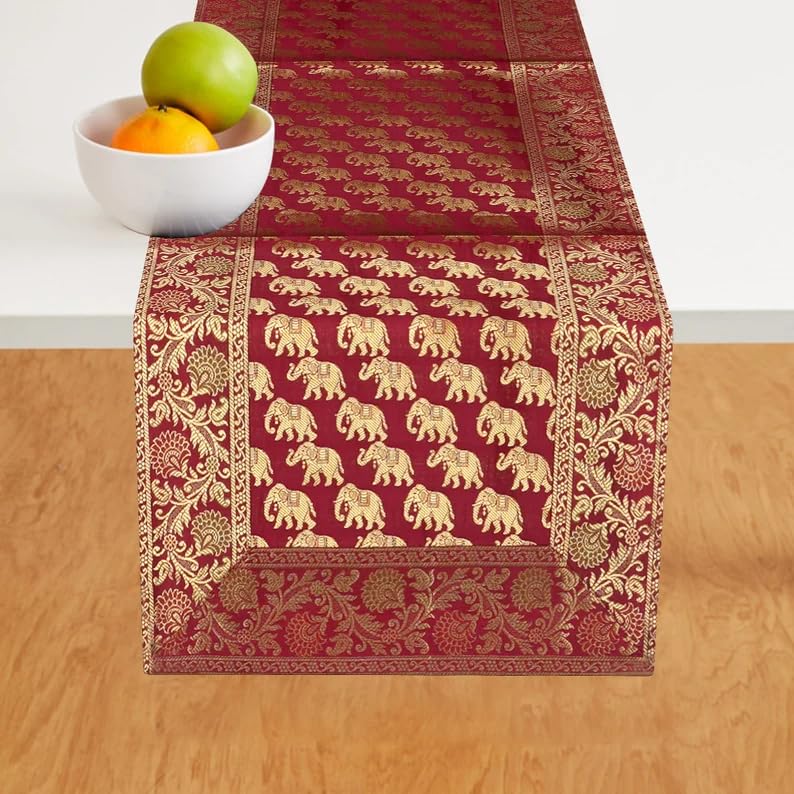 Image of Living Room Decor Handmade Banarasi Silk Table Runner for Center /Dining Table (16 x 60 Inches) (Heavy Zari Brocade ) (Red)