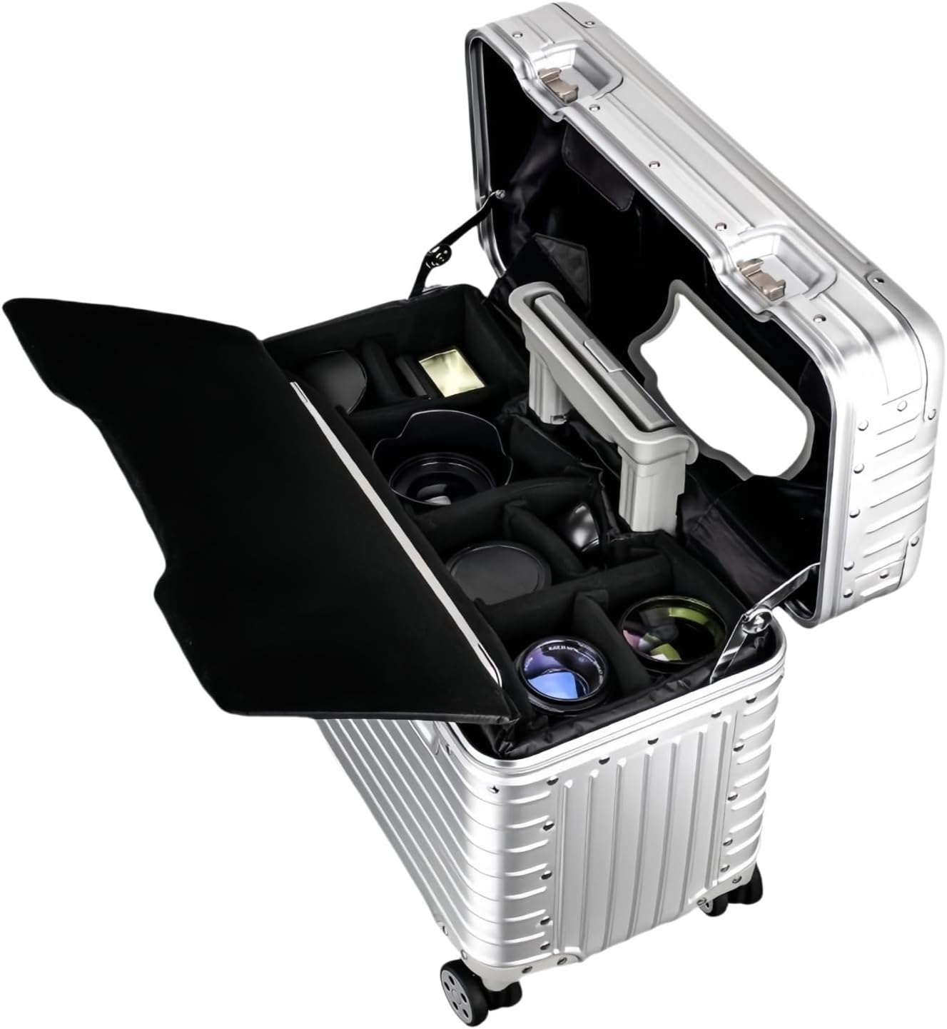 Full Aluminum Camera Carry-On Luggage DSLR Shockproof TSA lock Photography Gear Case with Removable Dividers & 360° detachable Wheels Luggage Rolling camera bag Camera storage case (silver)