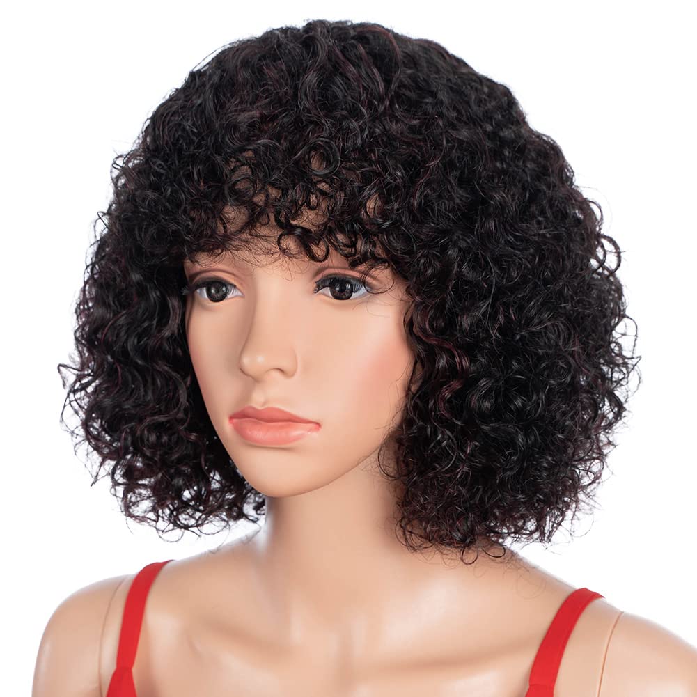 Spotlight Short Kinky Curly Wigs 10 inch Bob Loose Wave Human Hair Wigs for Women Brazilian Virgin Human Hair Wigs with Bangs 180% Density Natural