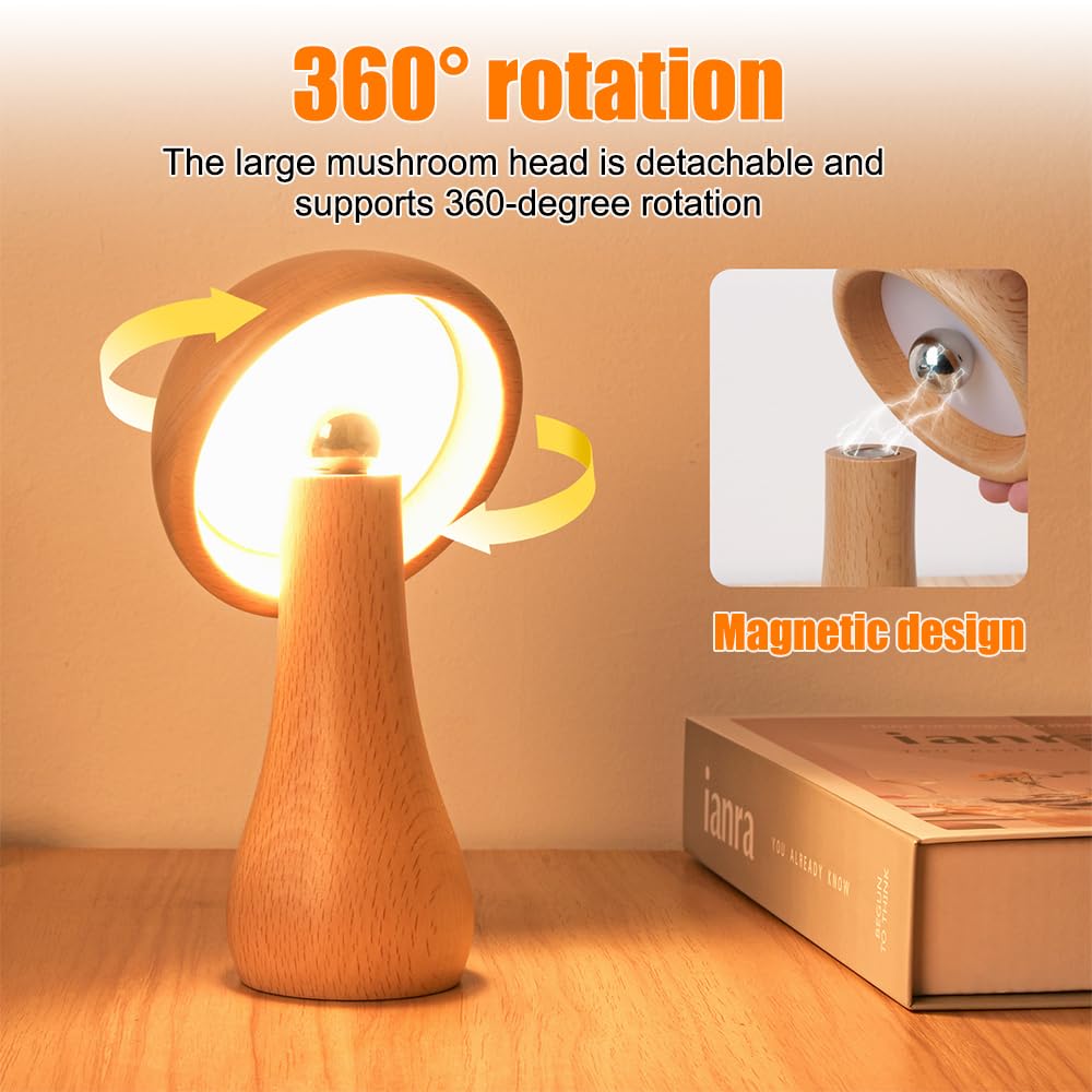 BDKMMS Wooden Mushroom Lamp, Cordless Nightstand Light with 5-Speed Brightness, Rechargeable Table Night Lamp for Bedroom Living Room - Image 2