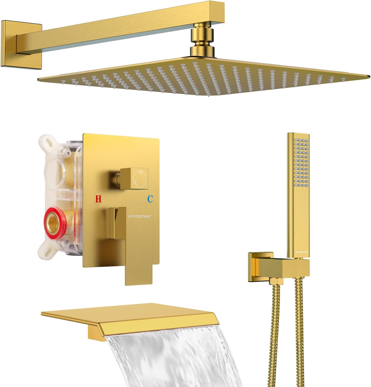 EMBATHER Shower System with Tub Spout, 12 Inches Tub Shower Faucet Set For Bathroom, High Pressure Rain Shower with Handheld Spray, Brushed Gold (Contain Shower Valve and Trim kit)