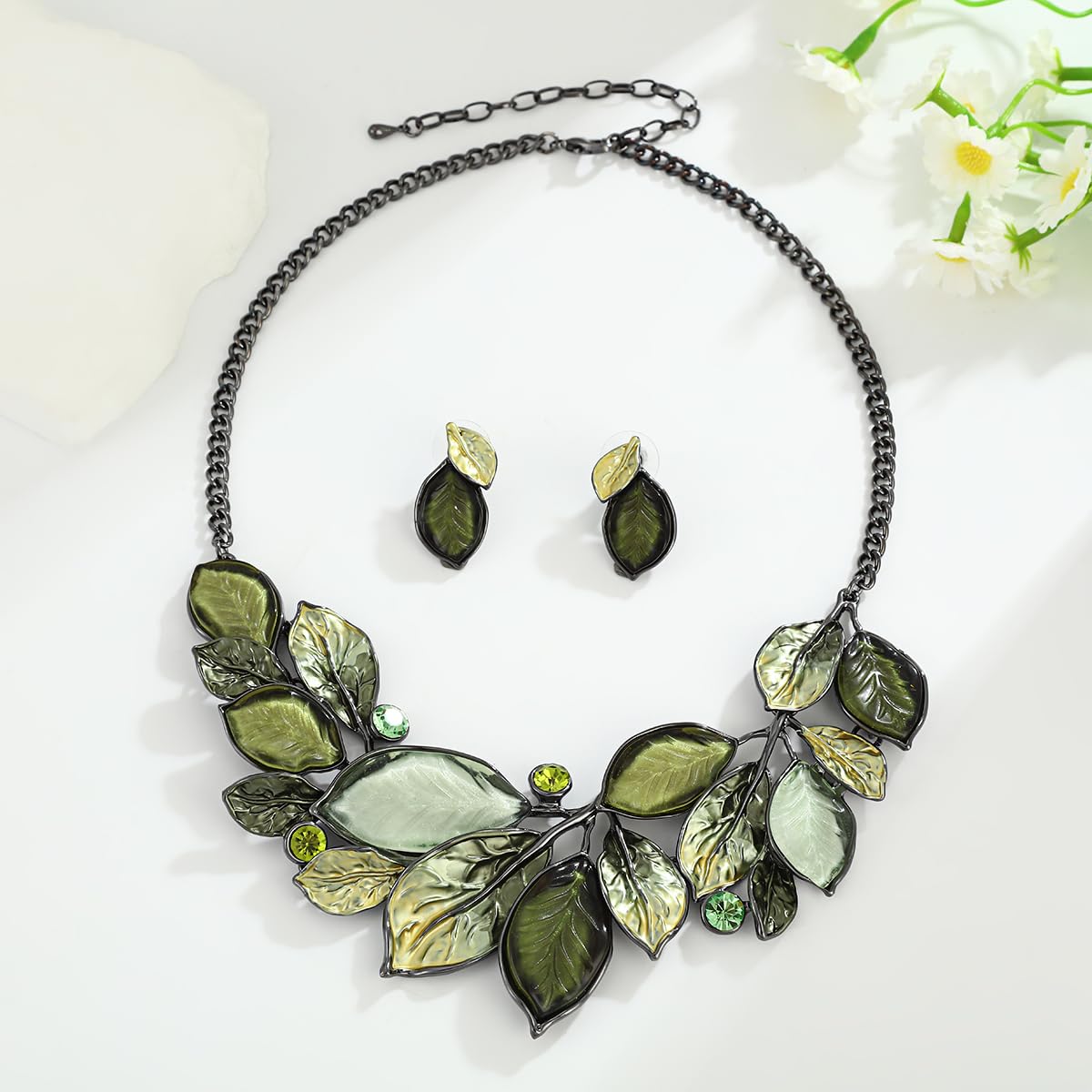 Juego de joyas vintage gruesas con diseño de hojas, floral, geométrico, bohemio, bohemio, babero, collar, aretes, joyería de moda para mujeres y niñas, boda, fiesta, graduación, regalo único