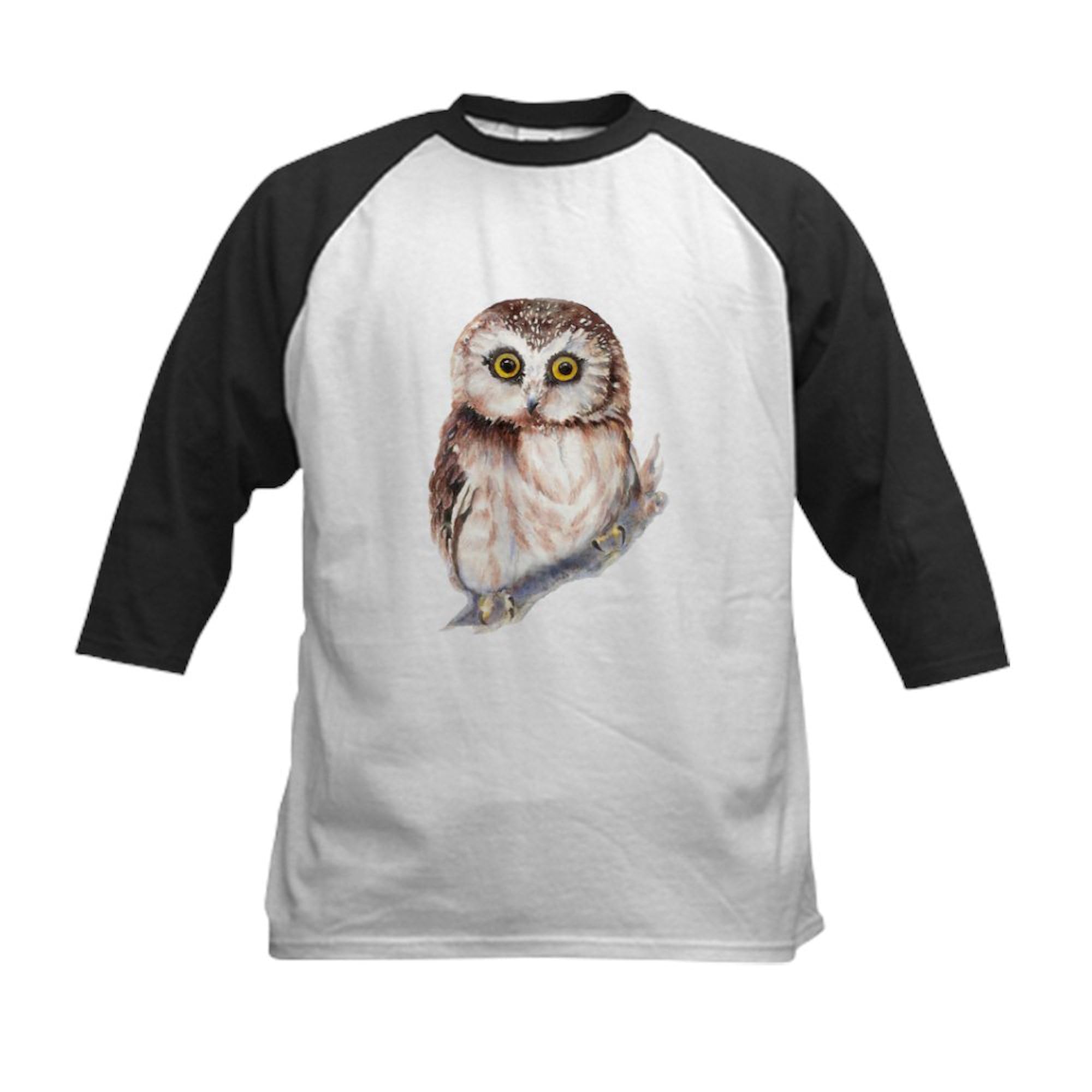 CafePress Cute Little Watercolor Saw Whet Owl Bird Nature Ar Kids Cotton Baseball Jersey, 3/4 Raglan Sleeve Shirt Black/White