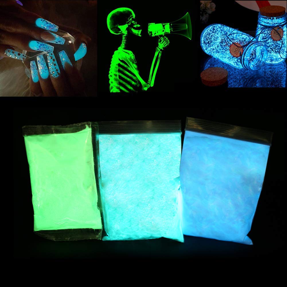 Polvo fluorescente 3 x 100 g, brilla en la oscuridad, pigmentos luminiscentes profesionales fosforescentes y no tóxicos, para decoración de Halloween, color fotoluminiscente