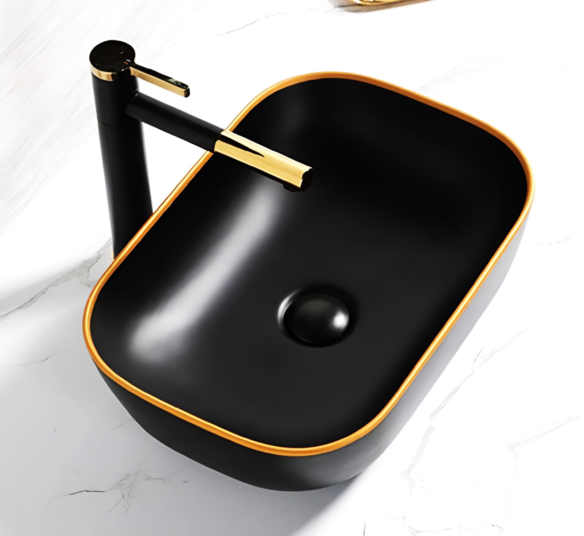 OSOSAM Ceramic Countertop Wash Basin Designer Table Top Bathroom Basin Sink Vessel Sink Wash Basin Over Counter for Hotel, Home Living Room (18 x 13 x 5.5 Inch, Black Golden Basin, Matt Finish) (B0BLSTP28W) Amazon Price History, Amazon Price Tracker
