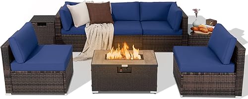 Tangkula Juego de sofá de mimbre para exteriores juego de conversación de ratán para patio con mesa de propano de 32 pulgadas y soporte para tanque