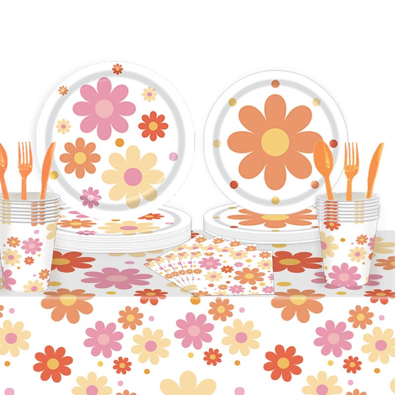 Image of Daisy Flower Party Tableware Set, 68pcs Daisy Flower Paper Plates Napkins Cups, Two Groovy Disposable Party Supplies Decorations for Baby Shower Birthday Wedding Seasonal Holiday