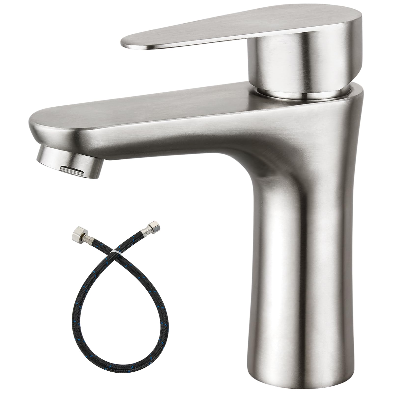 Heyalan Bathroom Faucet Single Handle 1 Hole SUS304 Stainless Steel Deck Mount Lavatory Single Switch Basin Sink Faucet Without Pop Up Drain and Cold Water Only Brushed Nickle