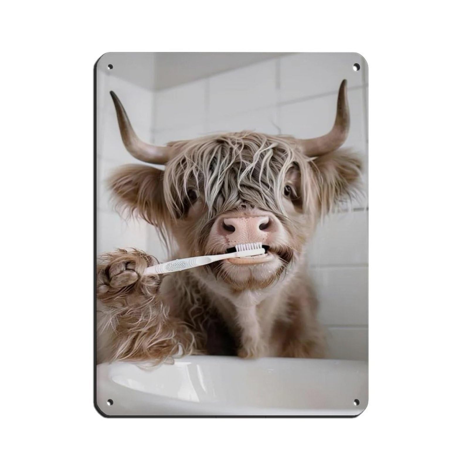 Highland Cow Brushing Teeth, Bathroom Art Tin Sign Vintage Metal Pub Club Cafe Bar Home Wall Art Decoration Poster Retro 12x16inch(30x40cm)