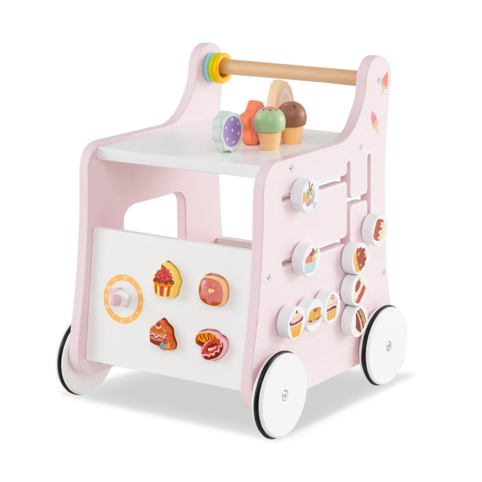 LIFEZEAL Girello per Bambini 1+Anni in Legno, Giochi di Ruolo Gelateria, Carrello Primi Passi Montessori, Baby Walker per Imparare a Camminare, Giocattoli, Ruote Antiscivolo, Portaoggetti, Maniglia