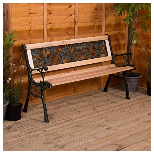 Home Discount Garden Vida Garden Bench, Rose Style Design 3 Seater Outdoor Furniture Seating Wooden Slats Cast Iron Legs Park Patio Seat