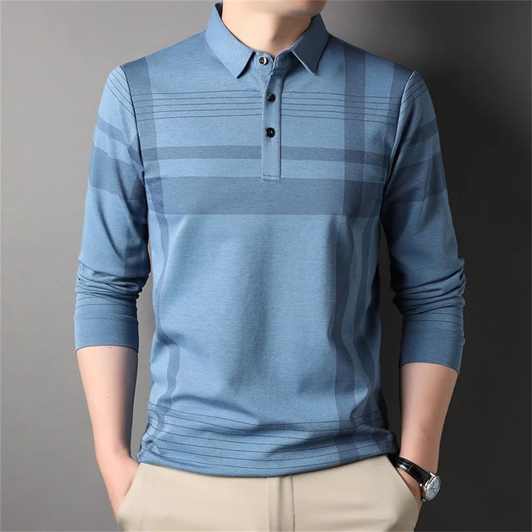 Vogrtcc Gestreiftes Herren-Poloshirt, langärmelig, normale Passform, lässiges Oberteil mit Knopfleiste, atmungsaktives Soft-Touch-Gewebe