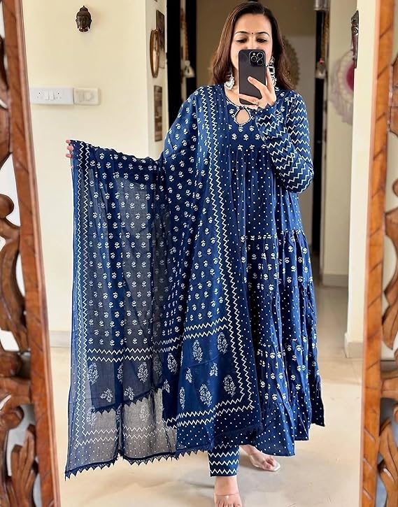 Women Cotton Indigo Hand Block Printed Kurta Pant With Dupatta3