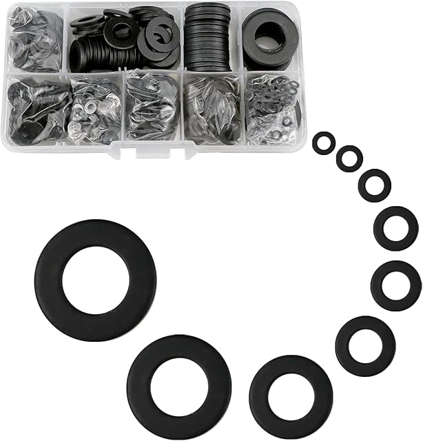 Metal Flat Washers, 600 Pcs Black Carbon Steel Washers Assorted Set, Metal Round Washers Kit (M2/M2.5/M3/M4/M5/M6/M8/M10/M12/mm) 9 Types Of Washers For Bolts And Screws (Black)
