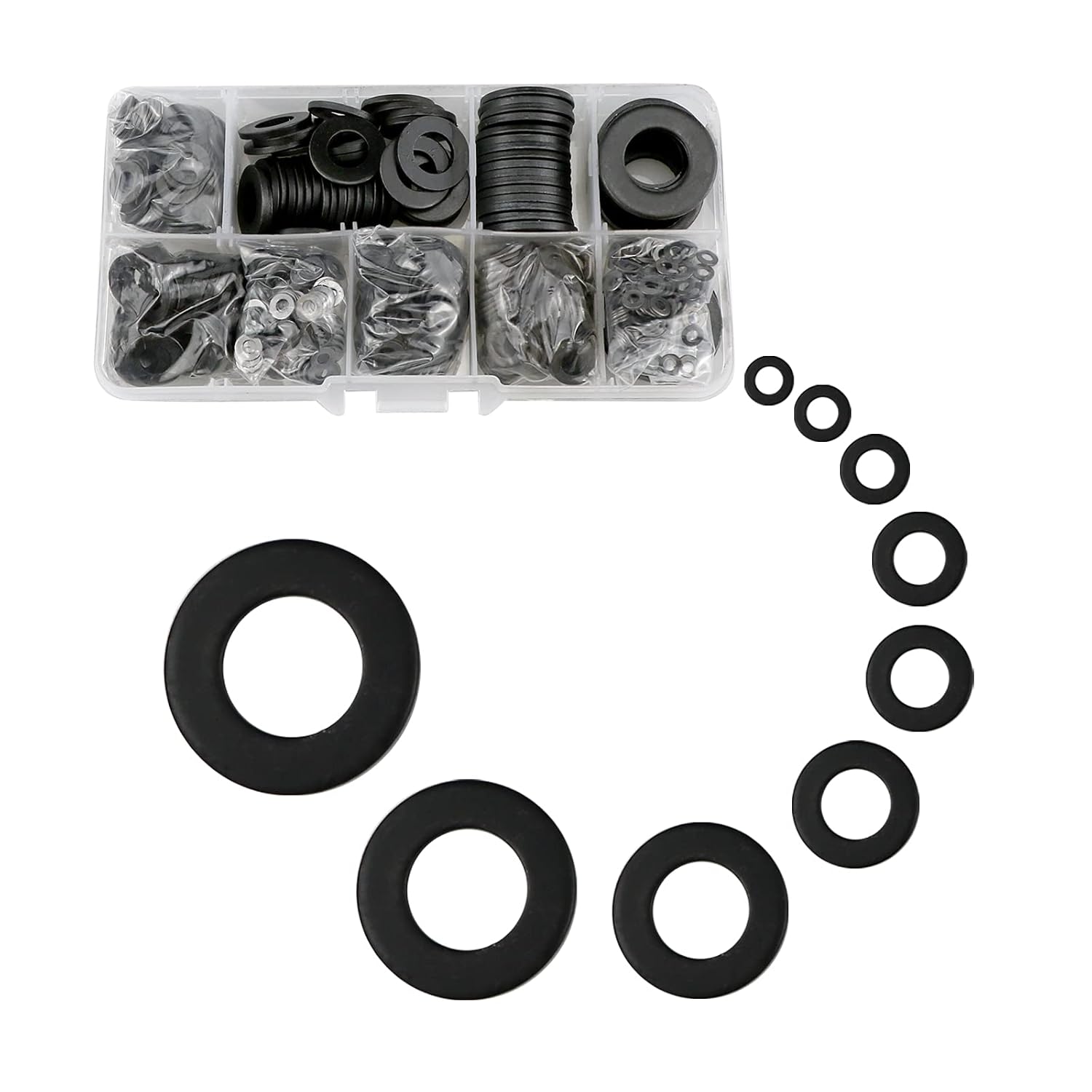 Metal Flat Washer, 600 Pcs Black Carbon Steel Washers Assorted Set