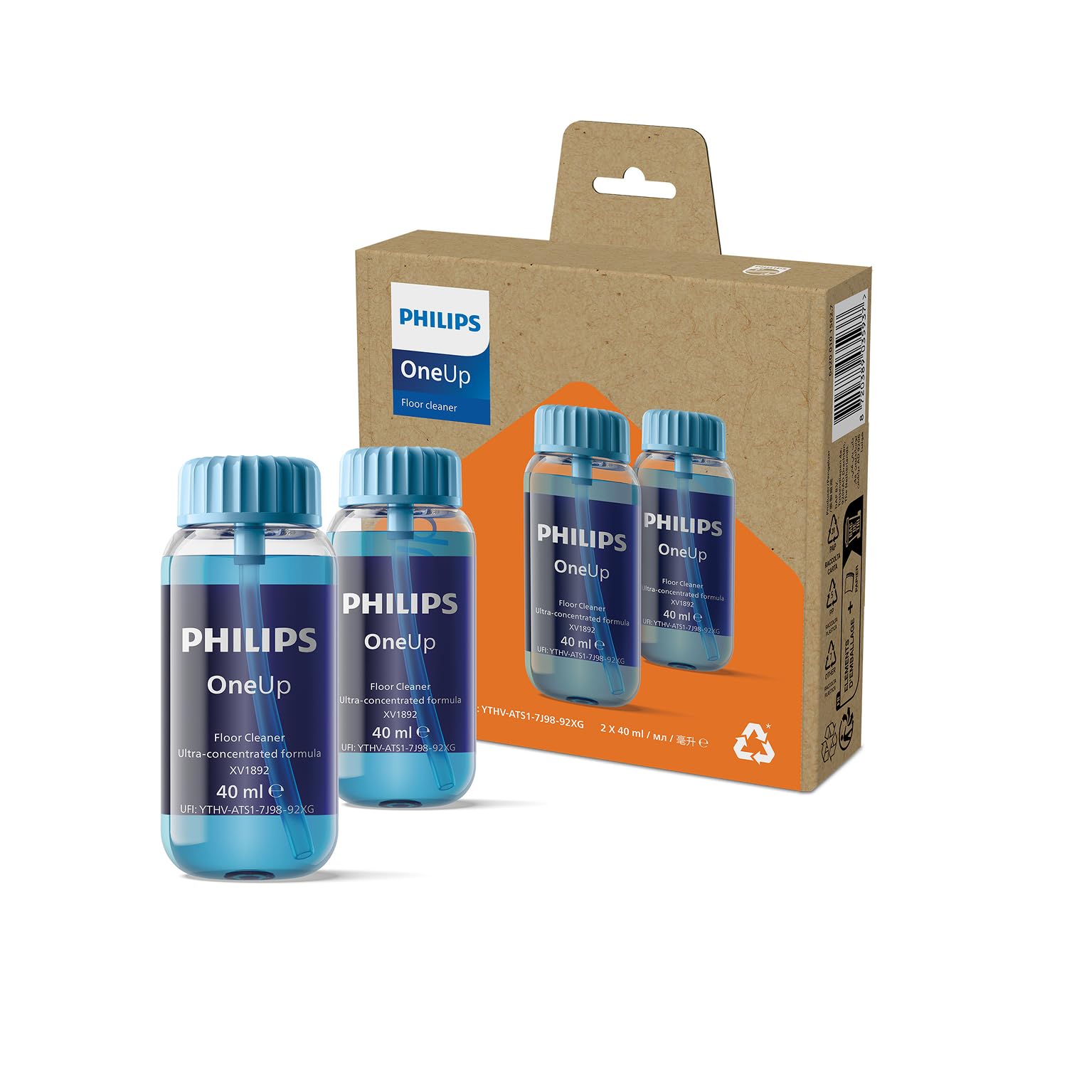 Philips OneUp Bodenreiniger Doppelpack – Optimiert elektrischen Wischmopp, präzise Dosierung, hochkonzentriert für 40 Anwendungen, ersetzt 3 Reinigungsmittel-Flaschen (XV1892/02)