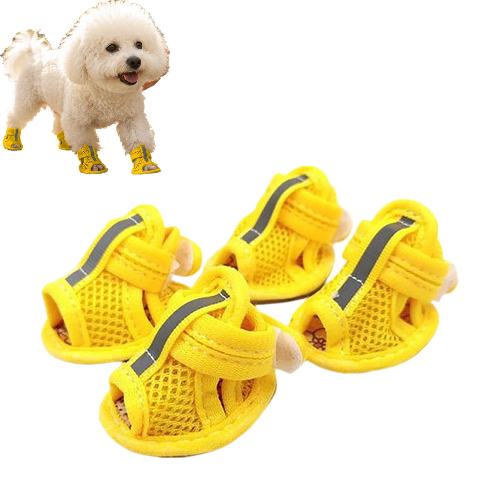 4Pcs Dog Sandals with Breathable Mesh Cotton for Hot Pavement，Yellow：3.5CM