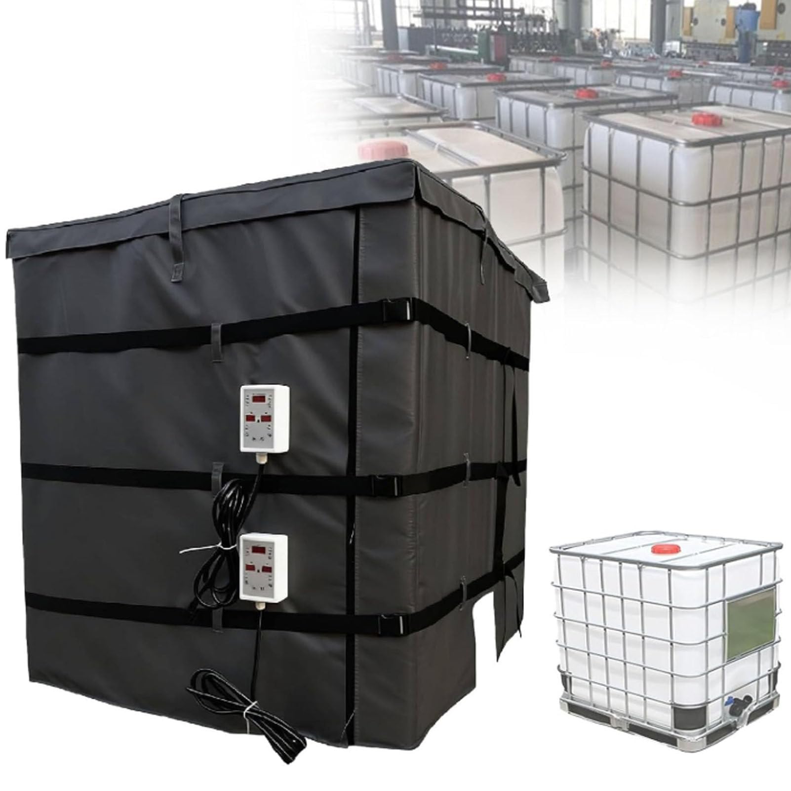 Elektryczny koc grzewczy do beczek 1000 l, wodoodporny materiał izolacyjny do zbiorników IBC, wydajne ogrzewanie do 150°C, do beczek, rur i zbiorników Black