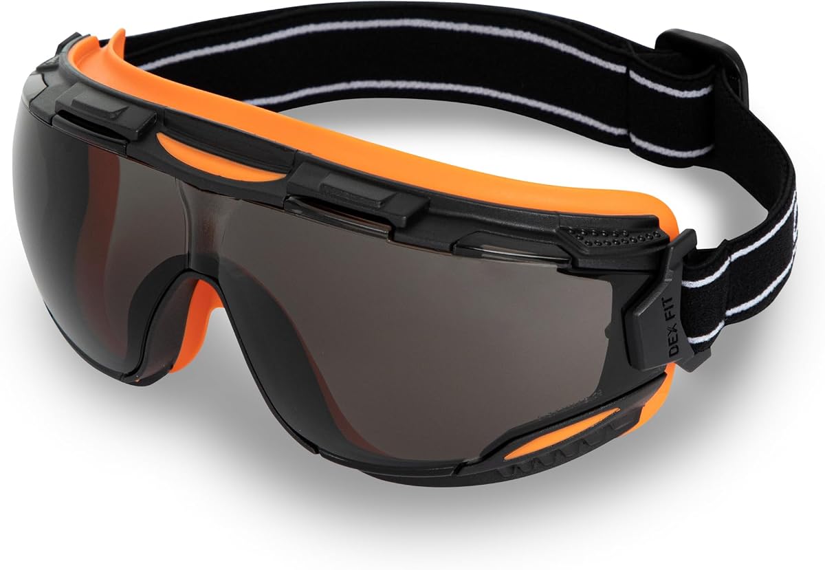 Safety Goggles SG220, Wide-Vision Lab & Chemical Splash Eye Protection, Anti-Fog & Scratch Resistant, Soft Seal, Z87.1 Approved; Black/Orange, Smoke Tinted Lens, 19mm Strap, 1 PC
