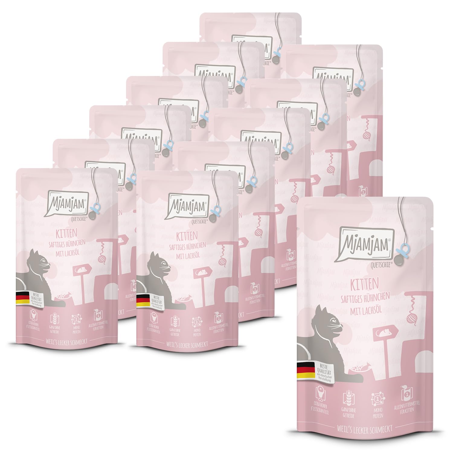 MjAMjAM - Premium Nassfutter für Katzen - Quetschie - Kitten saftiges Hühnchen mit Lachsöl, 12er Pack (12 x 125 g), getreidefrei mit extra viel Fleisch
