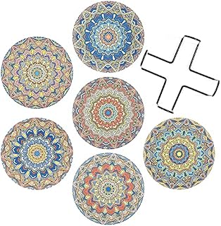 SUEH DESIGN Drink Coasters with Holder Set of 6 Absorbent Mandala Ceramic Coasters with Non-Slip Cork Base Back for Home Kitchen Office Bar