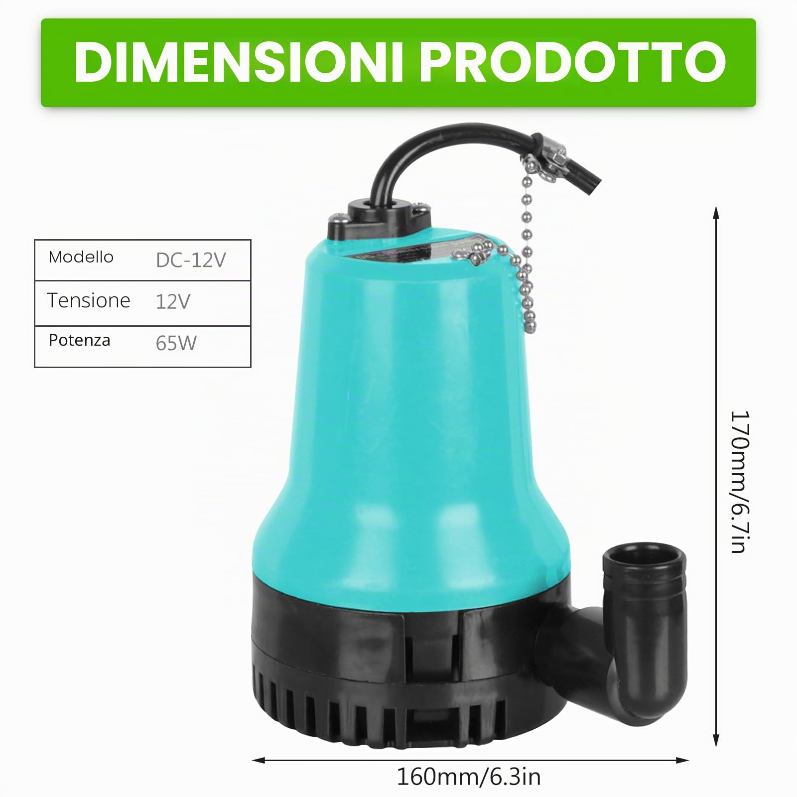 Vegena Pompa sommersa per acqua sporca, 12 V, 65 W, 3000 l/h, con morsetto, pompa per acquario, per giardini, acquari, stagni, fontane