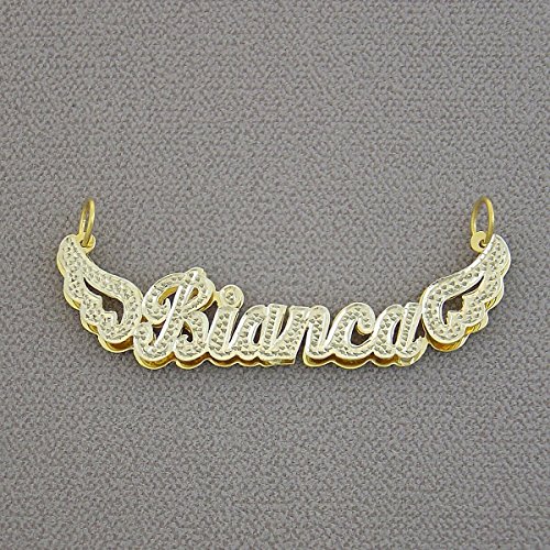 14K Gold Personalized Double Nameplate Pendant Necklace Angel's Wings Diamond Accent Jewelry