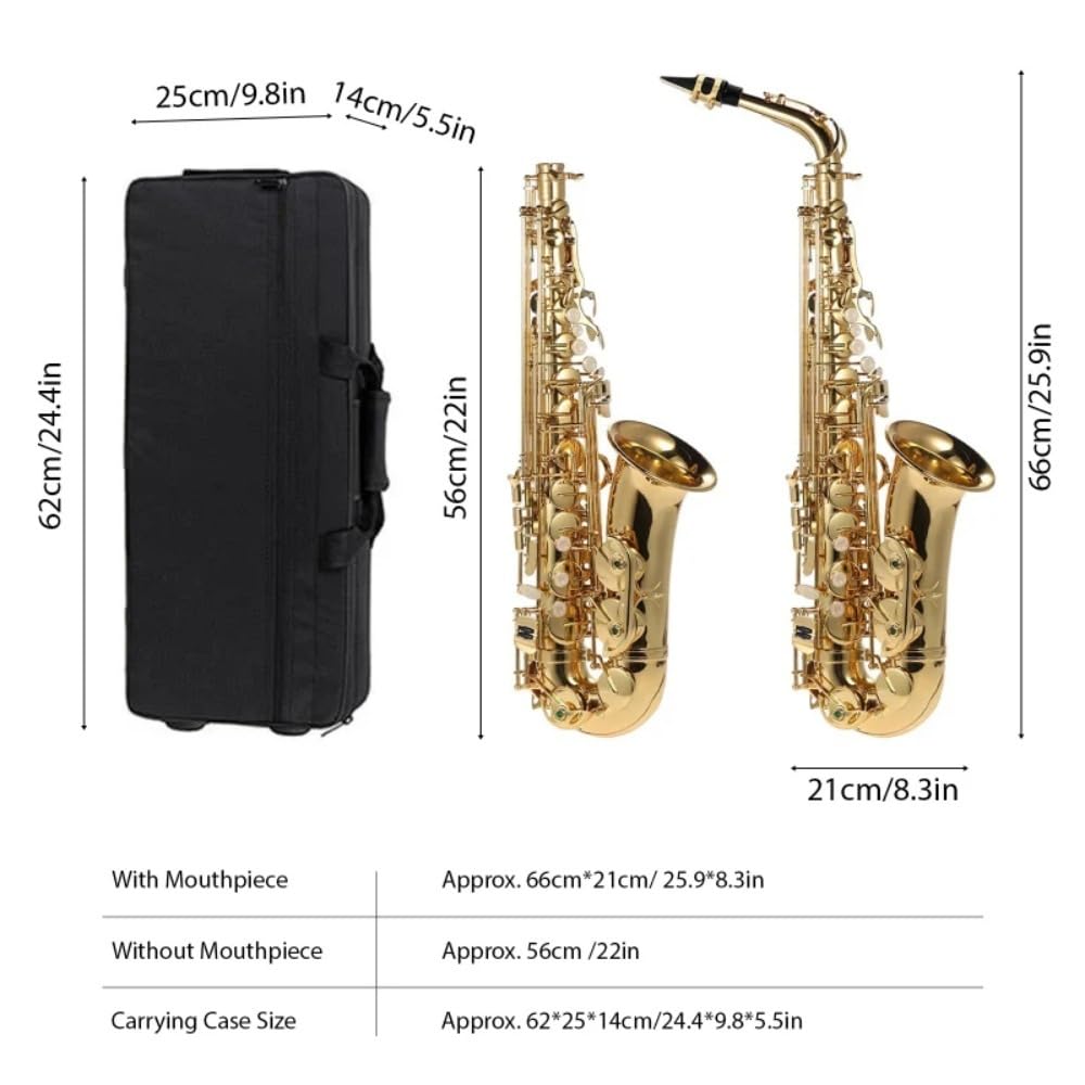 Sassofono contralto E-Flat per principianti e intermedi - Set completo con bocchino, custodia, panno di pulizia, spazzola e cinghie per sassofono