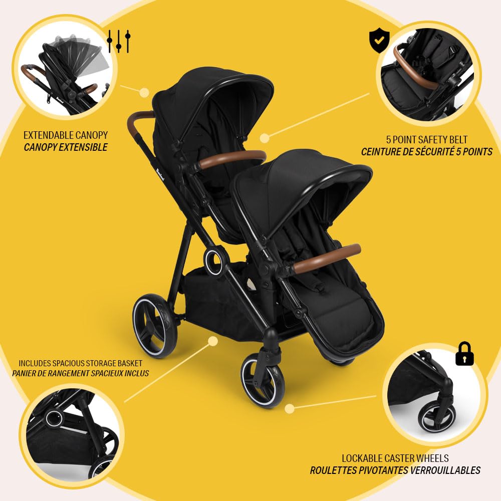Baninni Luiz Geschwister Kinderwagen Zwillingswagen Sitz Umbaubar in Babywanne für Neugeborene, Schwarz