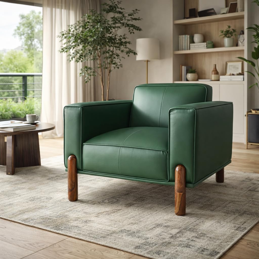 Emerald Luxury Single Seater Sofa Chair in Premium PU Leather | Modern Accent Armchair for Living Room, Bedroom & Office | Comfortable Cushioned Seat with Solid Wood Legs- Olive Green (1 Seater)-image-15