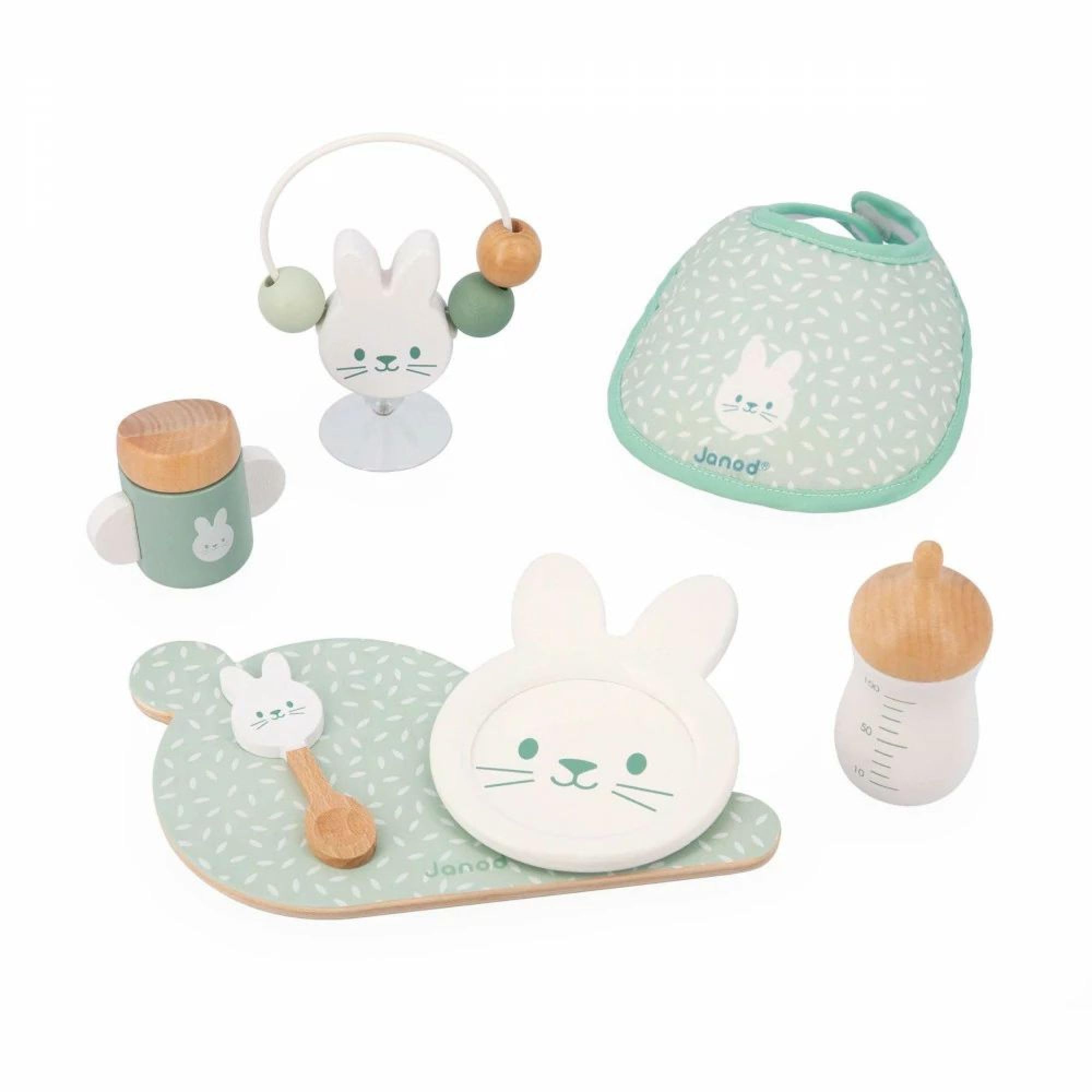 Janod - Zen Lunch and Bib Set - 7 Doll Accessories - Pretend Play Toy - FSC Wood and Fabric Toy - 24 Months +, J06629