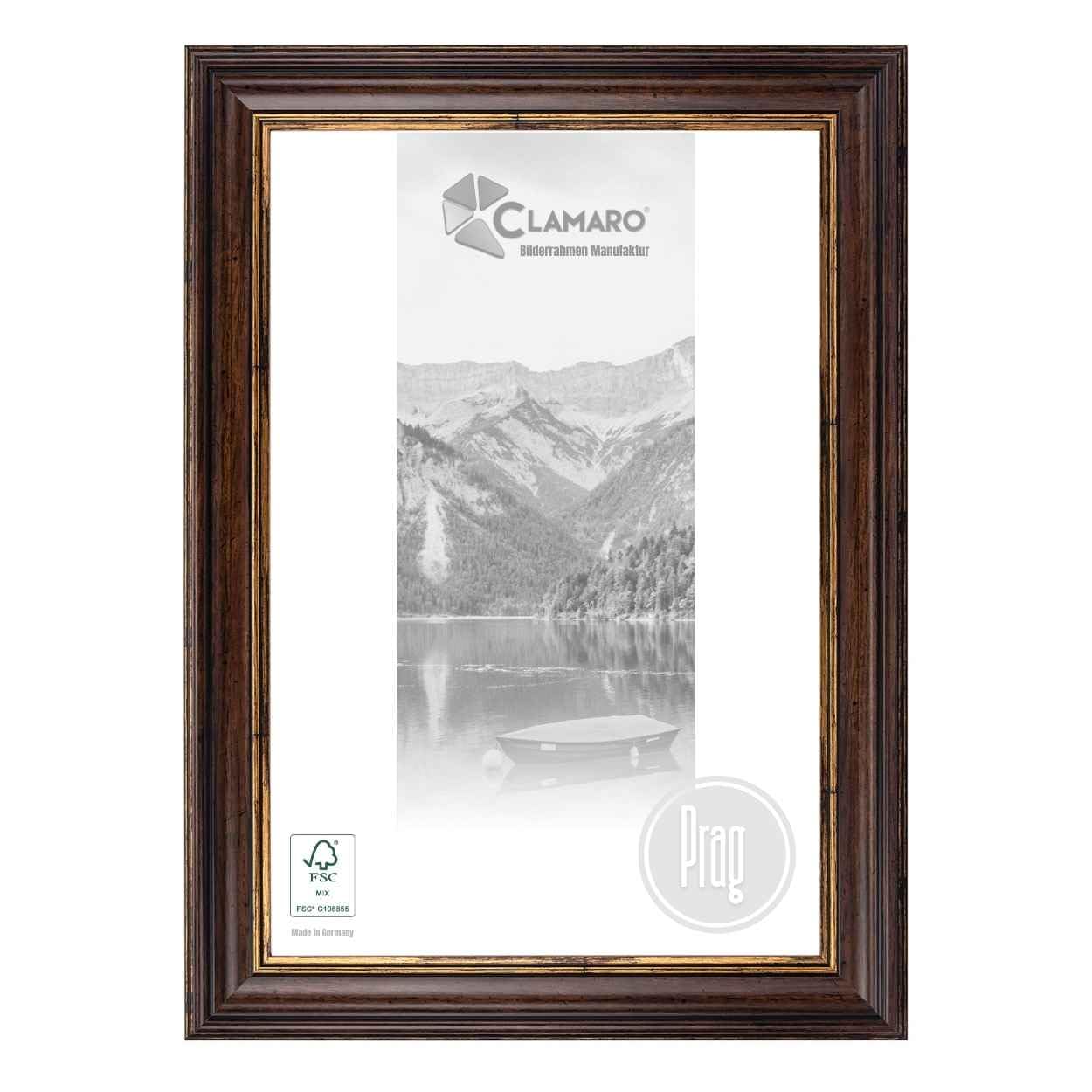 CLAMARO "PRAG" ramka na zdjęcia w stylu antycznym 50 x 60 cm, lite drewno, brązowo-złota, szerokość 60 mm, shabby chic, vintage, barokowa listwa, drewniana rama ze szkłem akrylowym, tylną ścianką,