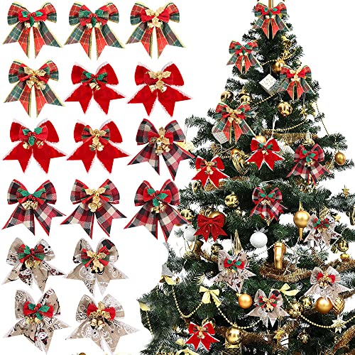 16 Pcs Christmas Mini Bows with Bells - Miniature Ornaments for Tree, Garland, Hanging Decorations | 16 Styles Decor (3.1x3.1 Inches)