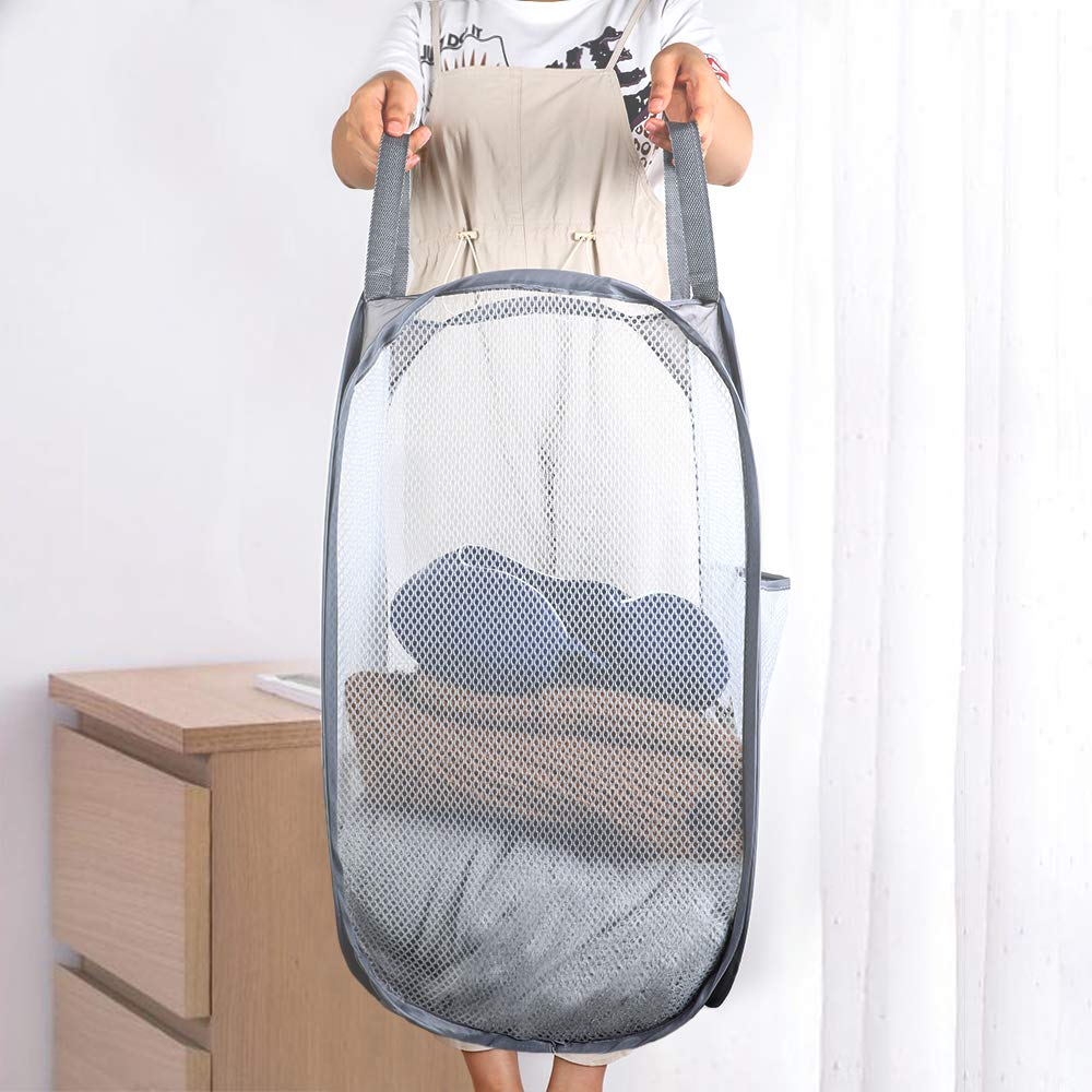 Cestos para Lavandería Plegables 2 Pack Pop-Up Malla Cesto de Ropa Bolsa Bin con Asas Extendidas Gris