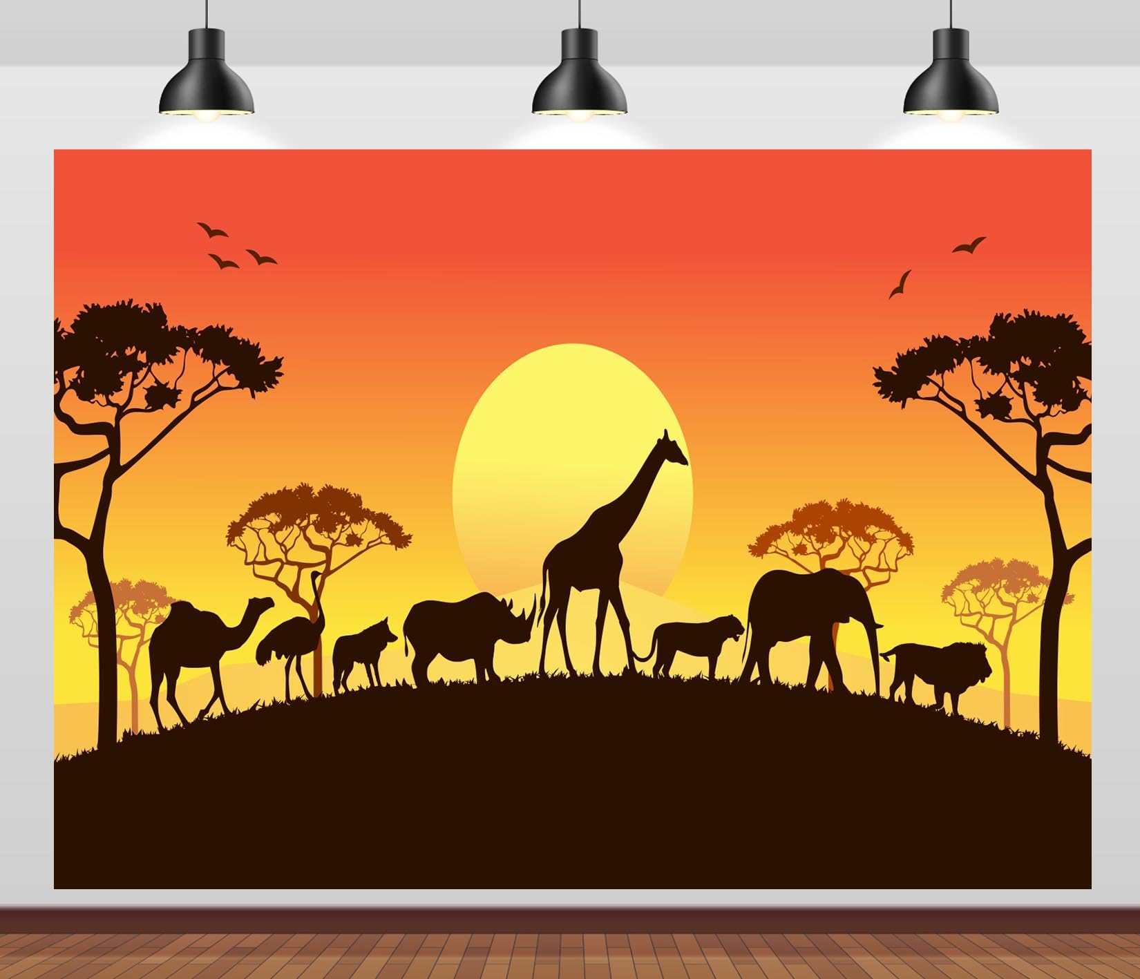 BELECO 3.6x3m Sfondo in tessuto Safari africano | Silhouette animali selvatici africani leone elefante giraffa tramonto sfondo safari decorazione festa foto