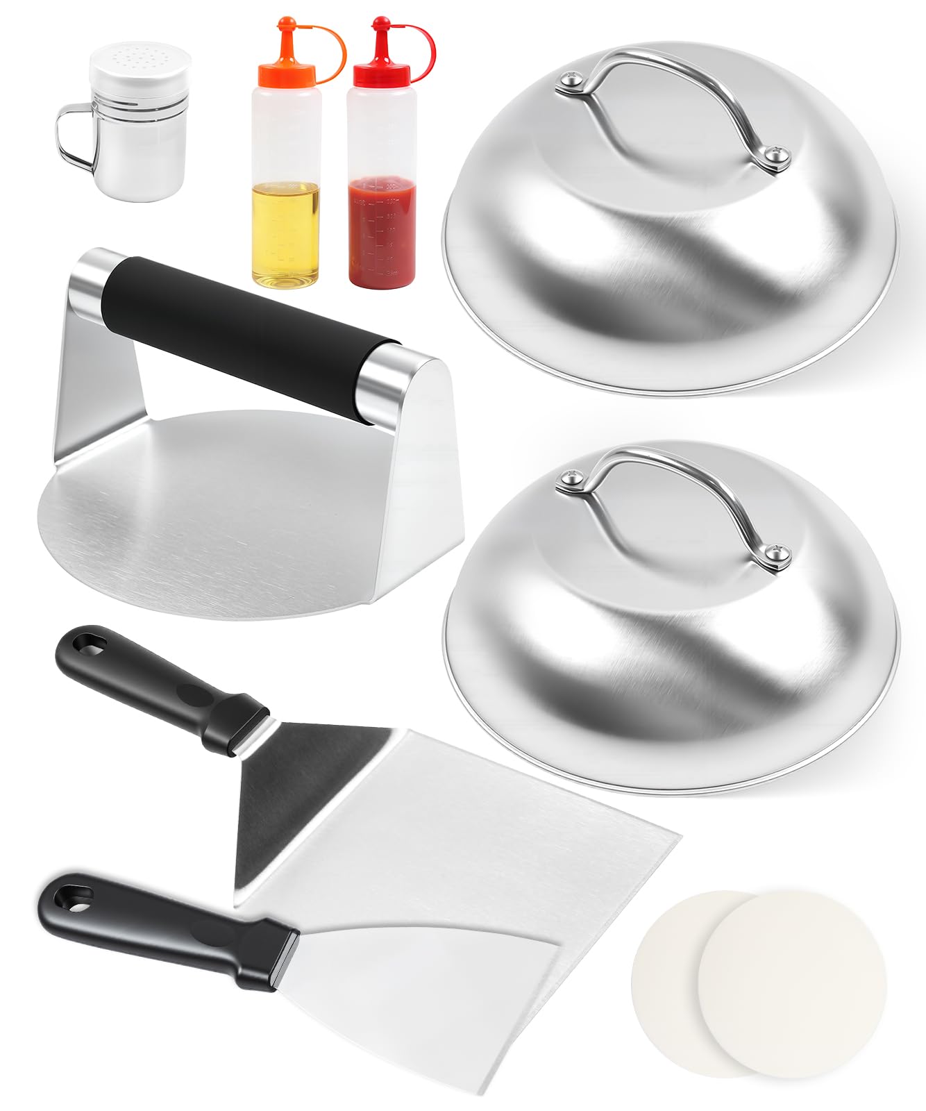 MaxAwe 10-TLG Smash Burger Set, Edelstahl Grillbesteck Set mit 2 Burgerglocken, 2 Grillspachtel, 2 Squeeze Flasche, Burgerpresse, Gewürzstreuer & 100 Antihaftpapieren, Burger Smasher Grill Set