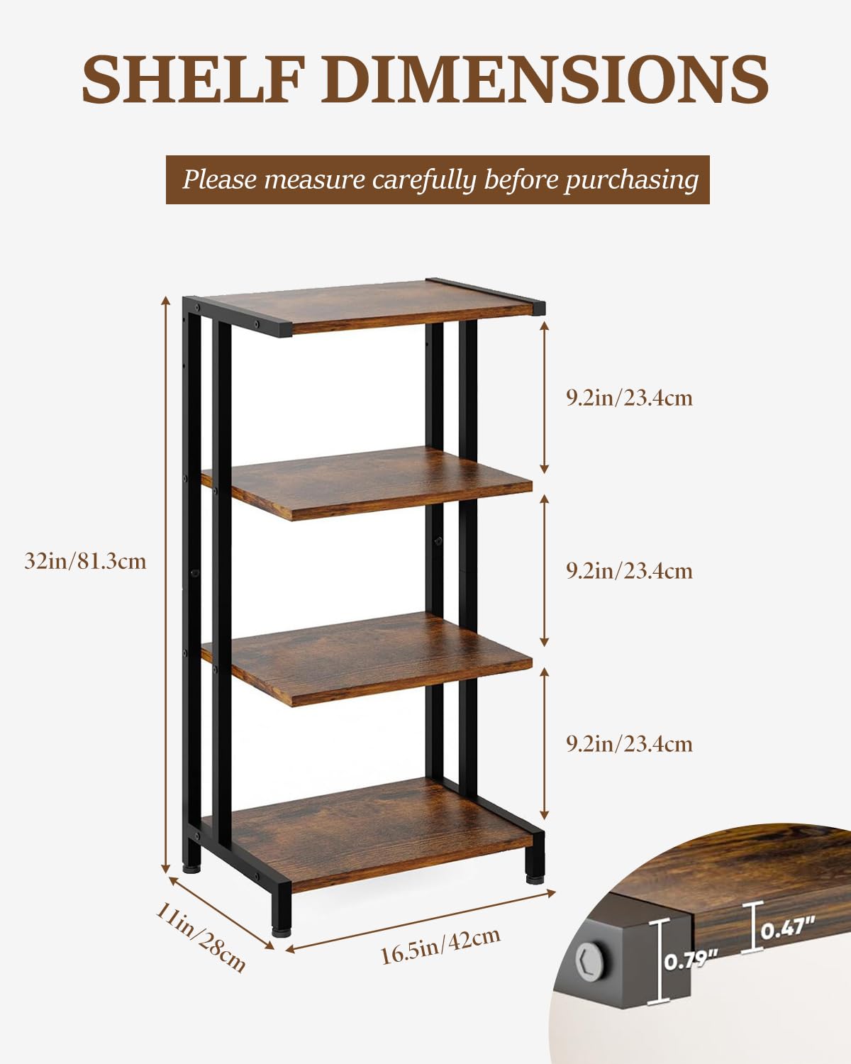 4-poziomowa półka HiFi, półka z drewna i żelaza na gramofony, instalacje audio, systemy stereo, nadaje się do salonu i gabinetu 28D x 42W x 81H cm, kolor czarny/brązowy