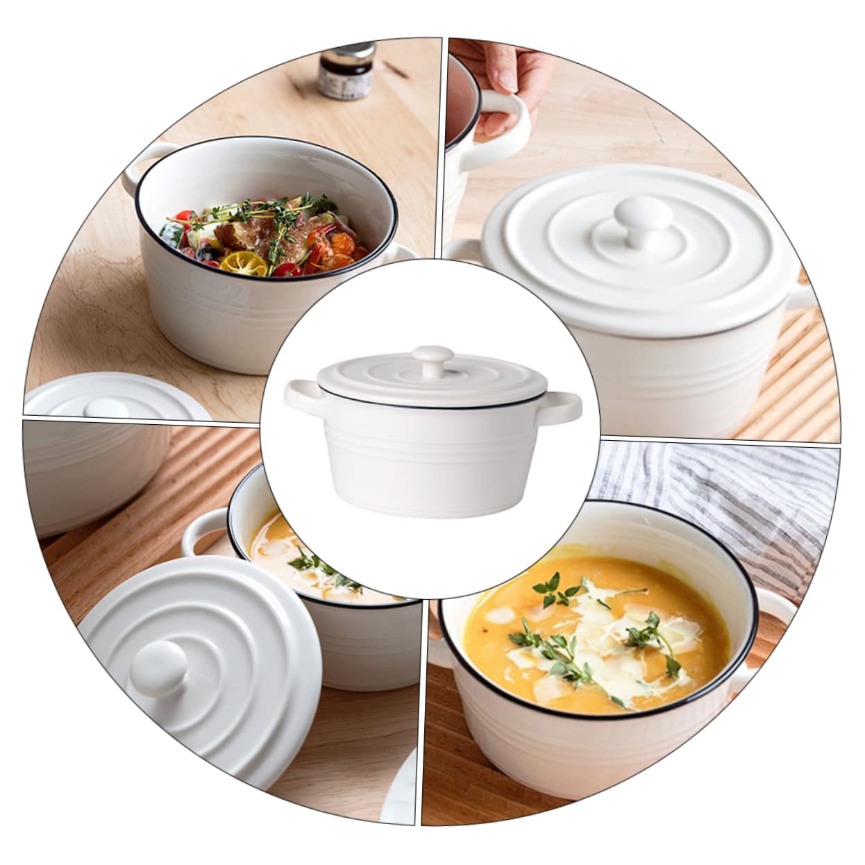 KICHOUSE 1pezzi Ciotola Per Zuppa Con Due Manici e Coperchio Resistente Al Calore e Robusta Per Cucinare Servire Yogurt Preparare Budini e Torte Facile Da Pulire e Trasportare