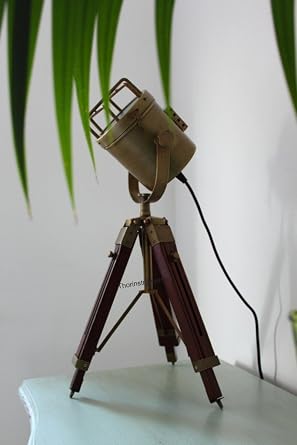 THOR INSTRUMENTS Antique Brass Spot Light Retro Searchlight with Tripod Stand Spotlight Table lamp Rustic Vintage Home Decor Gifts