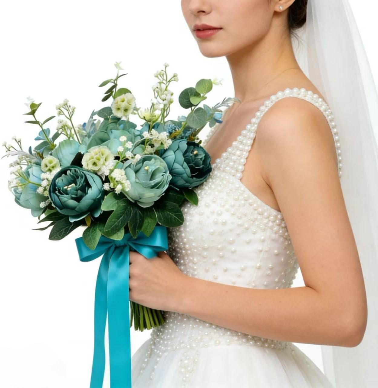 Turquoise Teal Blue Artificial Silk Peony Bouquet White Baby's Breath Mixed Flowers Combo Box Wedding Centerpiece Arrangement with Greenery Decorative Floral (Teal Peony)
