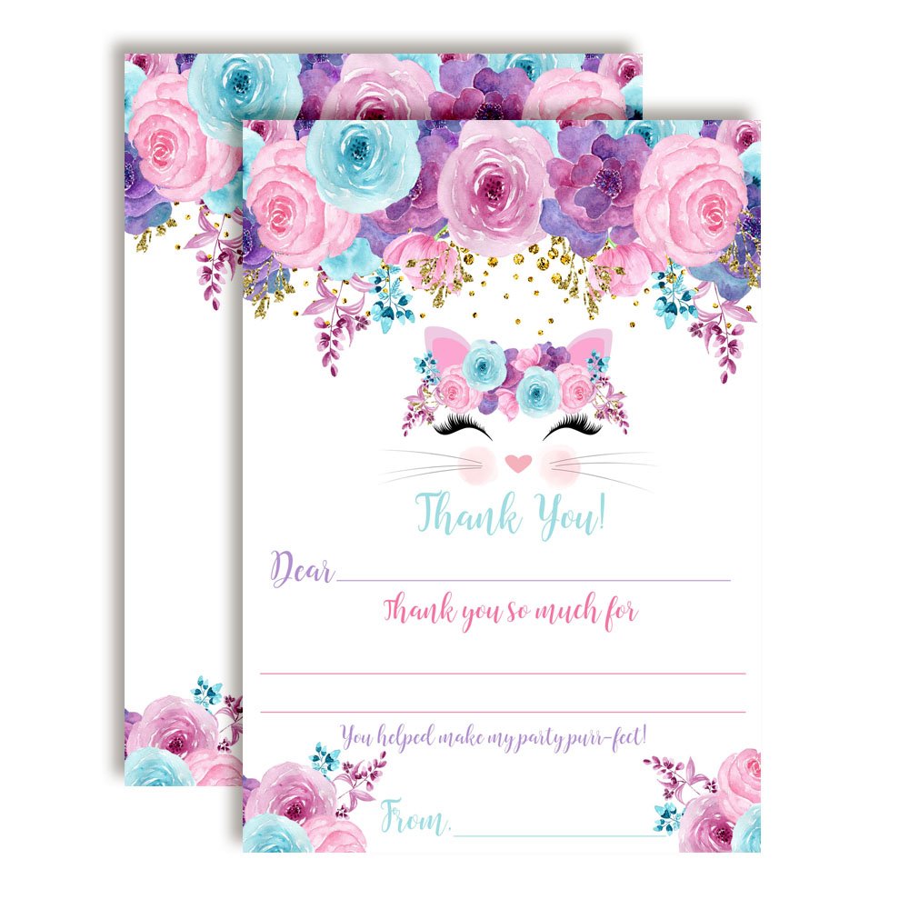 Watercolor Floral Kitty Cat Face Themed Thank You Notes for Kids, Ten 4" x 5.5" Fill In the Blank Cards with 10 White Envelopes by AmandaCreation