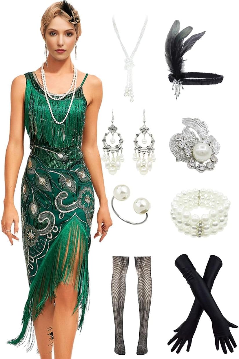 Peacock-inspired 1920s Gatsby Beaded Flapper Sling Dress Womens Vintage Cocktail Dress W/Complete Accessories Set