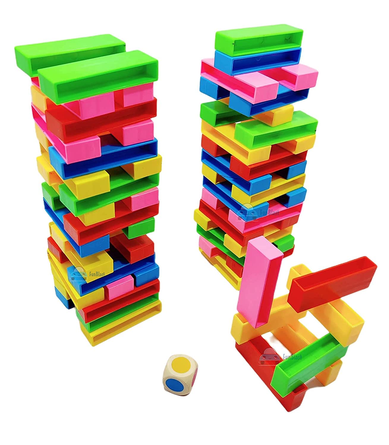 FunBlast 72 Pcs Plastic Dominoes Blocks - Stacking and Balancing Blocks Toys & Games for 3+ Years Kids with 1 Pc Dice (Multicolor)