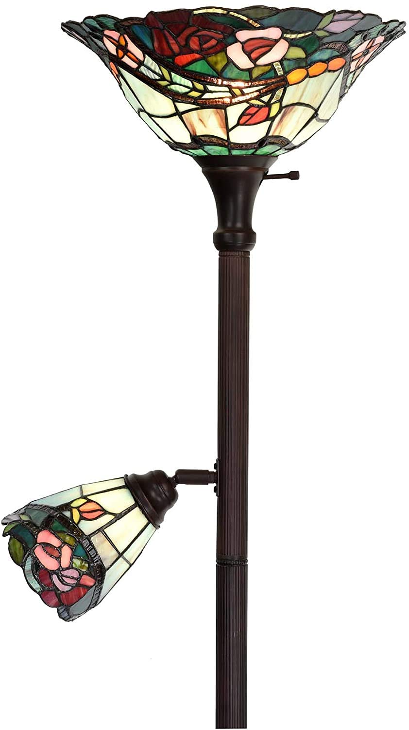 Bieye L30739 Lampe torchère en verre teinté de style Tiffany avec abat-jour de 14pouces de large et abat-jour rotatif de 6 pouces pour la lecture de travail, 70pouces de hauteur